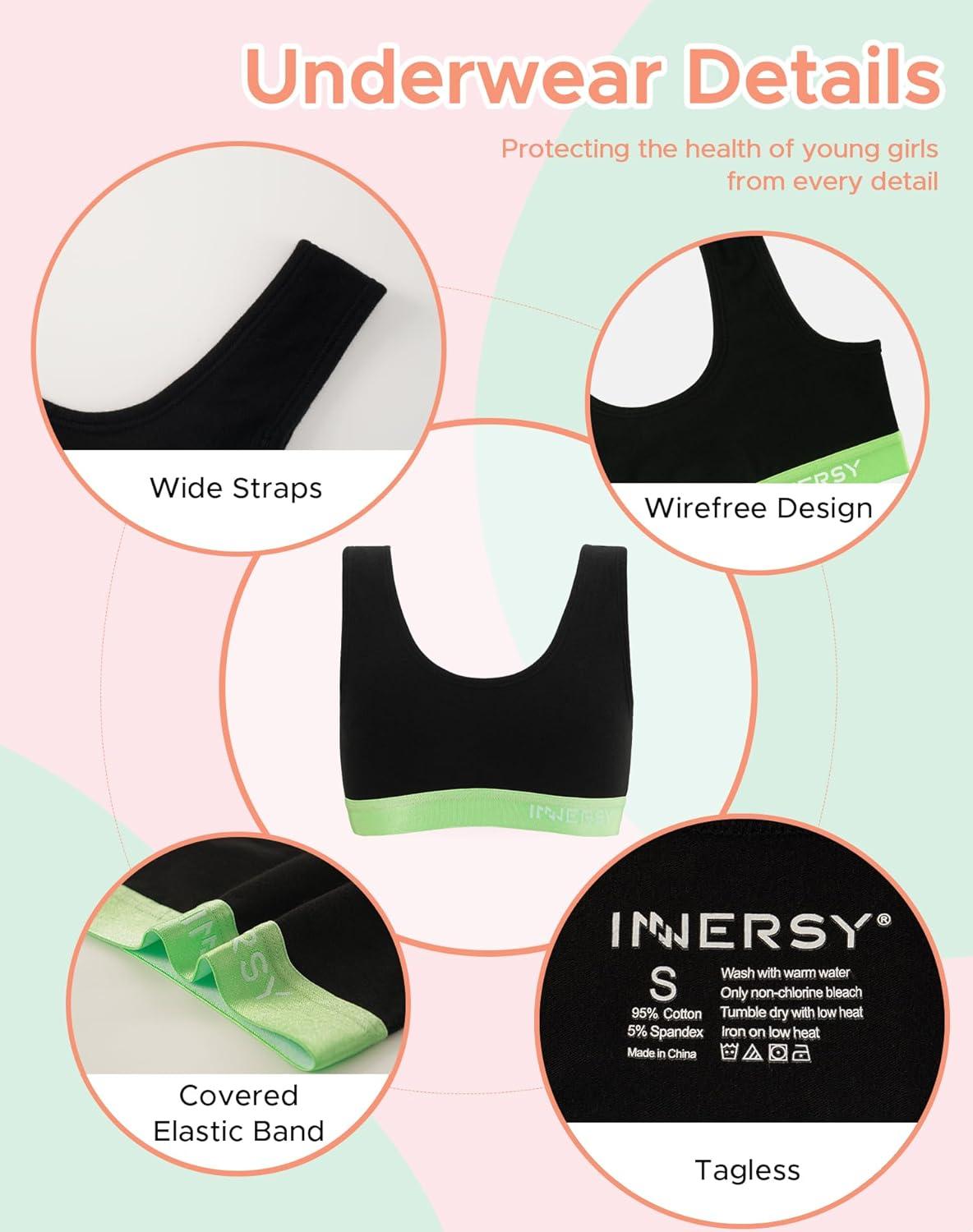 imageINNERSY Girls Sports Bra Cotton Comfortable Wireless Training Bra for Teen Girls 3 PackBlackgreywhite