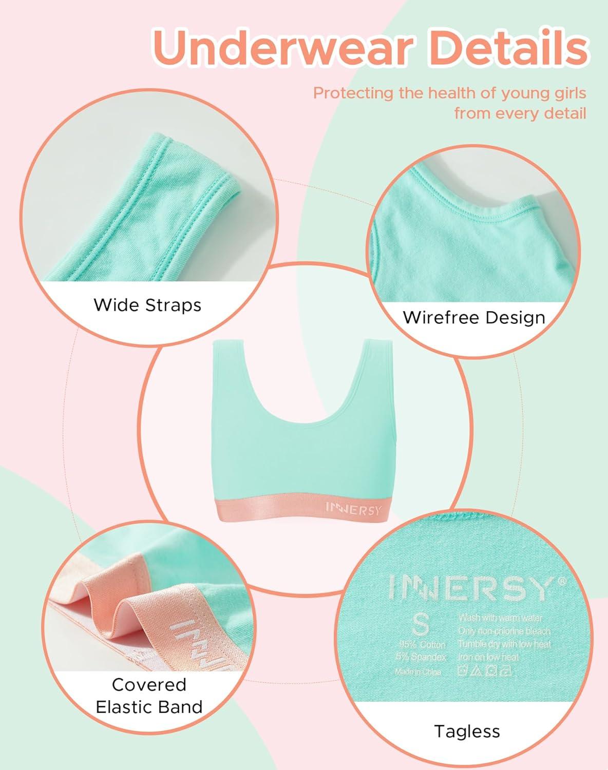 imageINNERSY Girls Sports Bra Cotton Comfortable Wireless Training Bra for Teen Girls 3 PackOrangelight Greenwhite