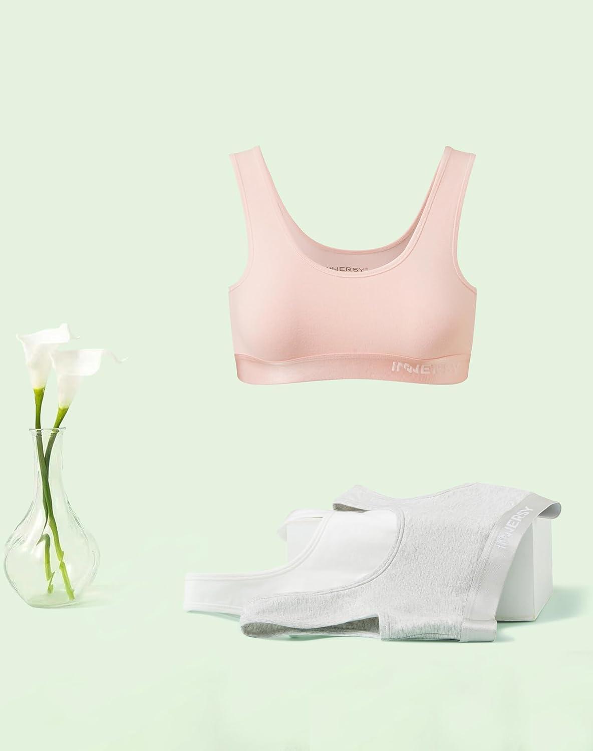 imageINNERSY Girls Sports Bra Cotton Comfortable Wireless Training Bra for Teen Girls 3 PackSoft Serenity