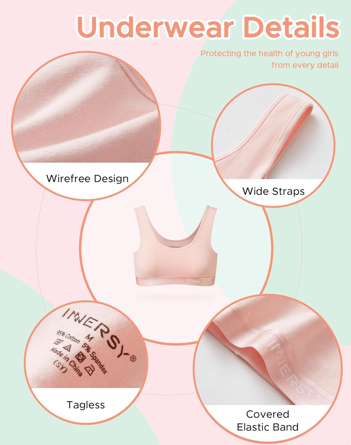 imageINNERSY Girls Sports Bra Cotton Comfortable Wireless Training Bra for Teen Girls 3 PackSoft Serenity
