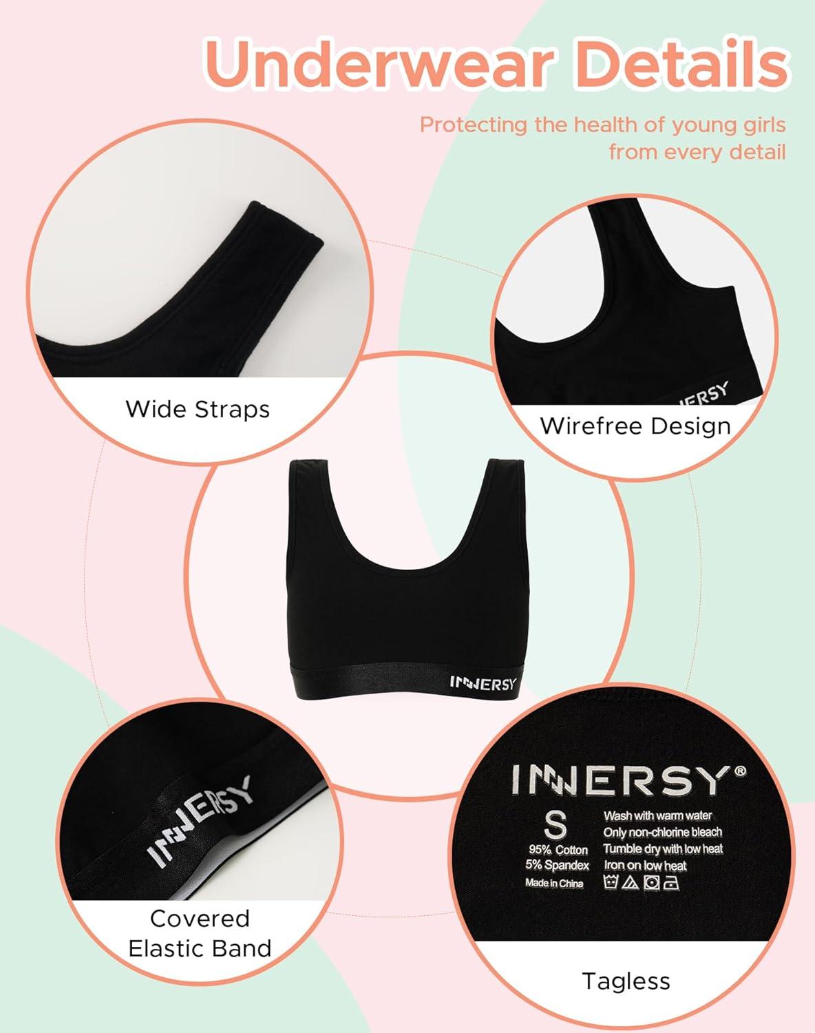 imageINNERSY Girls Sports Bra Cotton Comfortable Wireless Training Bra for Teen Girls 3 PackSolid BlackGreyWhite