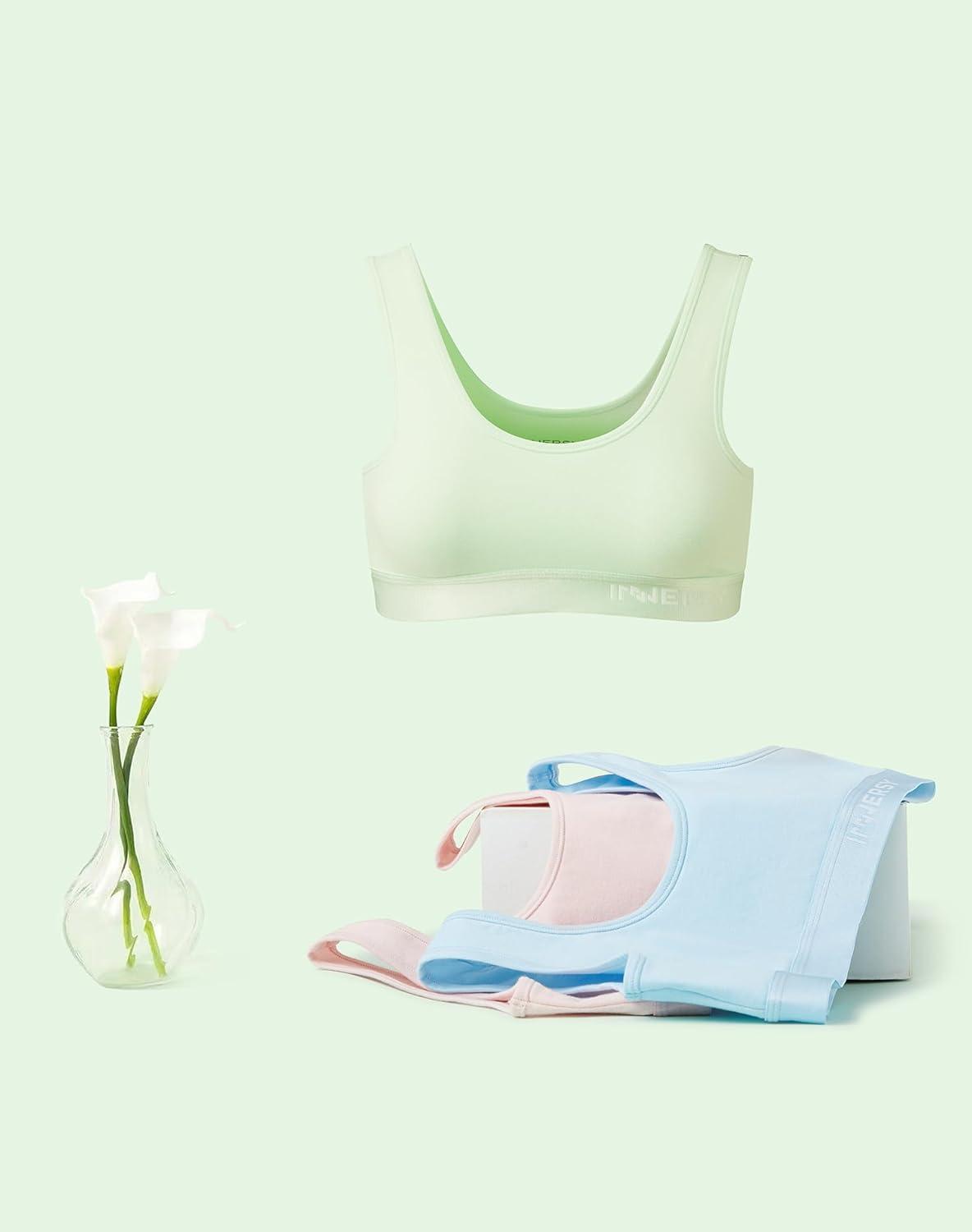 imageINNERSY Girls Sports Bra Cotton Comfortable Wireless Training Bra for Teen Girls 3 PackSpring Harmony