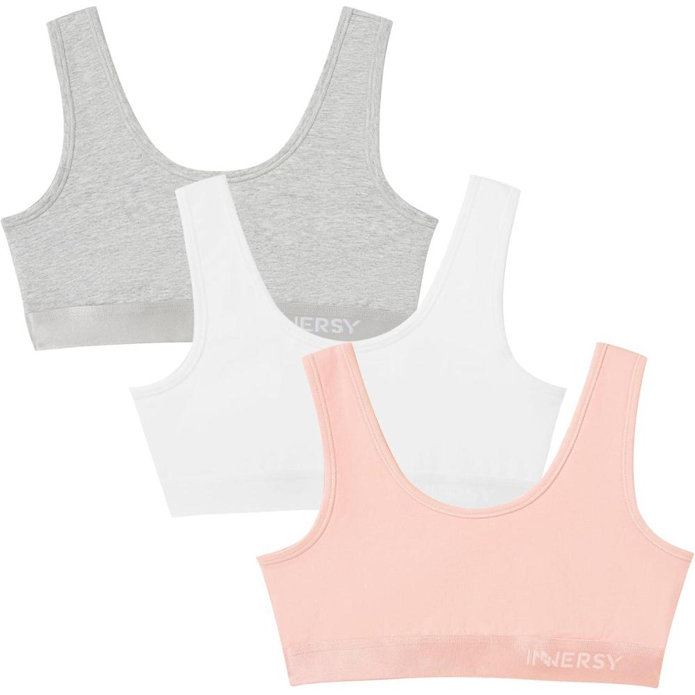 imageINNERSY Girls Sports Bra Cotton Comfortable Wireless Training Bra for Teen Girls 3 PackSoft Serenity