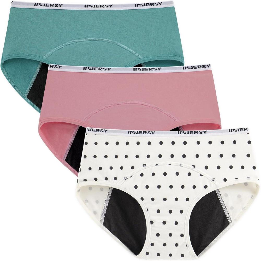 imageINNERSY Period Underwear for Teens Girls Cotton LeakProof Menstrual Panties 3PackRefreshing Blue Pink Polka Dots