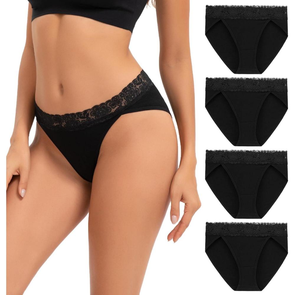 imageINNERSY Womens Cotton Bikini Underwear High Cut Lace Hipster Panties 4PackBlack