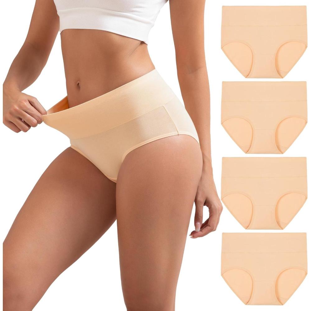 imageINNERSY Womens Cotton Underwear High Waist Ladies Briefs Full Coverage Panties 4PackNude
