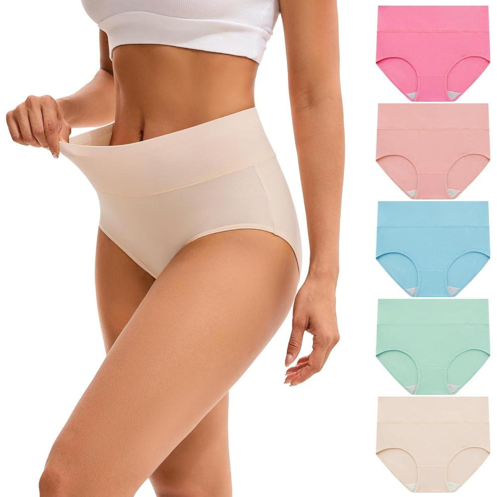 imageINNERSY Womens Underwear Cotton Soft Underwear High Waisted Breathable Briefs 5 PackMacaroon