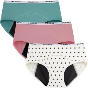 imageINNERSY Period Underwear for Teens Girls Cotton LeakProof Menstrual Panties 3PackRefreshing Blue Pink Polka Dots