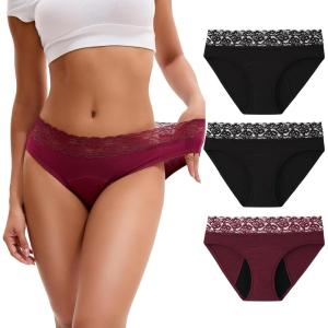 imageINNERSY Period Underwear for Women Cotton Lace Leakproof Menstrual Hipster Panties Bikini Briefs 3PackBlack  Red