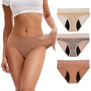 imageINNERSY Period Underwear for Women Cotton Lace Leakproof Menstrual Hipster Panties Bikini Briefs 3PackLeopard Coffee