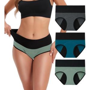 imageINNERSY Period Underwear for Women Leakproof High Waisted Menstrual Cotton Panties 3 PackLake BlueLight GreenHeather Grey