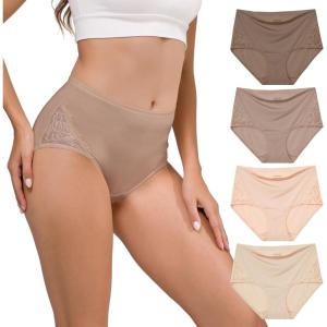 imageINNERSY Womens High Waisted Lace Nylon Underwear Soft Full Coverage Brief Panties 4 PackMaillard