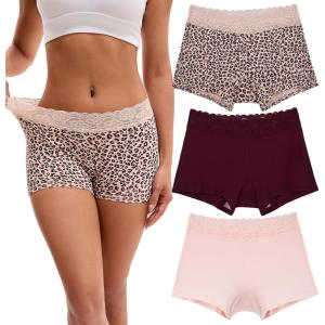 imageINNERSY Womens Lace Underwear Cotton Soft Boyshorts Panties Boxer Briefs 3PackLeopardLight PinkRed