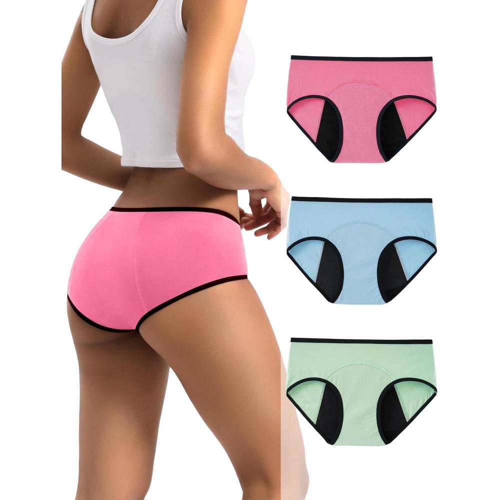 imageINNERSY Heavy Flow Period Underwear for Women Teens LeakProof Menstrual Cotton Protective Hipster Panties 3PackHeavy Flow Bright Colors