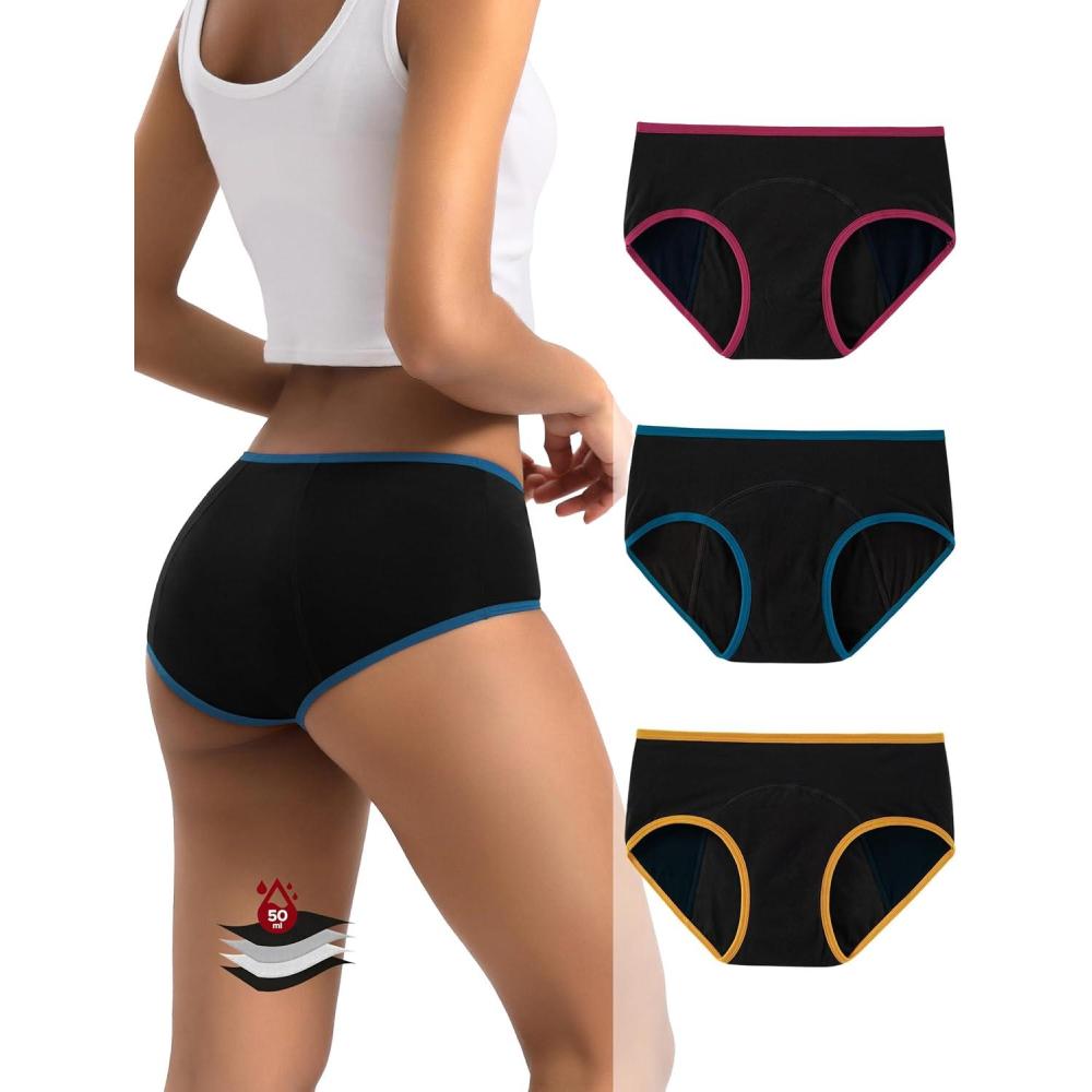 imageINNERSY Heavy Flow Period Underwear for Women Teens LeakProof Menstrual Cotton Protective Hipster Panties 3PackHeavy Flow Contrasting Colors