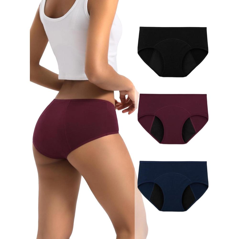 imageINNERSY Heavy Flow Period Underwear for Women Teens LeakProof Menstrual Cotton Protective Hipster Panties 3PackHeavy Flow Dark Retro