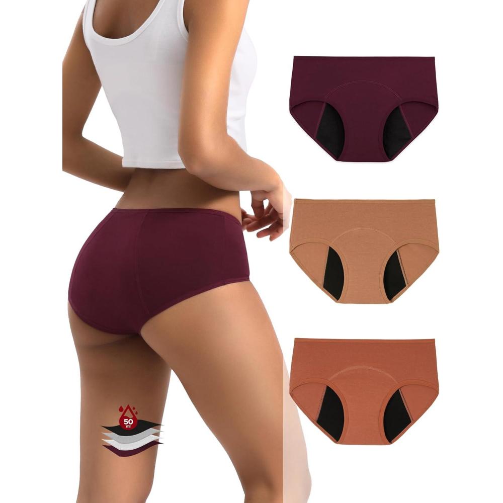 imageINNERSY Heavy Flow Period Underwear for Women Teens LeakProof Menstrual Cotton Protective Hipster Panties 3PackHeavy Flow Maillard Color